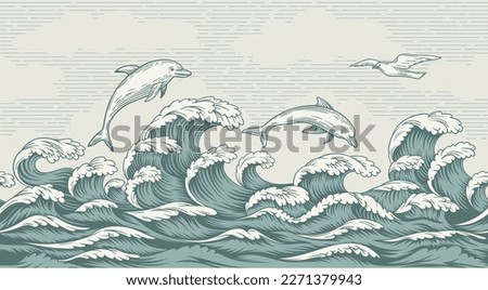 Seascape in retro style. Decorative poster with hand drawn waves, sea foam, dolphins and seagulls. Storm and wind in sea or ocean. Banner in asian vintage style. Cartoon flat vector illustration