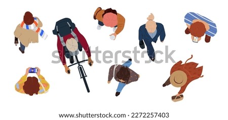 Top view people set. Men and women walk and ride bicycles in street. Person in motion above. Overhead collection of characters. Cartoon flat vector illustrations isolated on white background