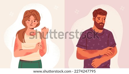 People with skin diseases. Set of characters with acne, dermatitis, eczema or psoriasis on body. Man and woman treat dermis for inflammation and redness. Cartoon flat vector illustration collection