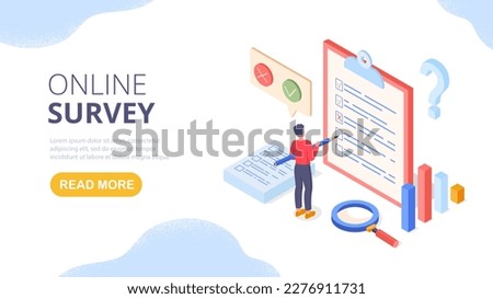 Isometric survey concept. Man with pencil stands near large document and puts ticks and crosses, answers questions. User feedback and opinion, audience marketing research. Cartoon vector illustration