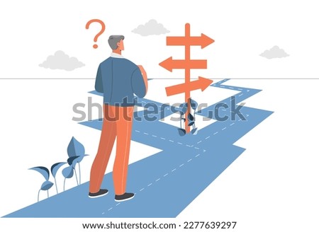 Man choose path. Young guy makes decision, travel and adventure. Life path and career, uncertainty. Opportunity or fail, option to achievement. Cartoon flat vector illustration