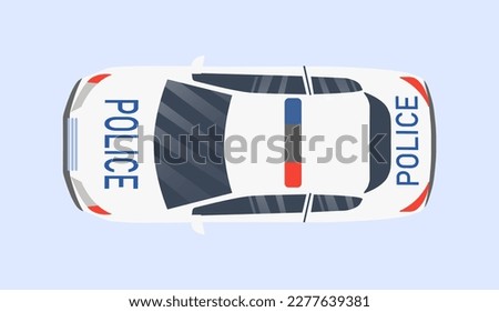 Police car top view. Vehicle with flashing lights and sirens to patrol streets and ensure safety of city. Fight against crime. Template, layout and mockup. Cartoon flat vector illustration