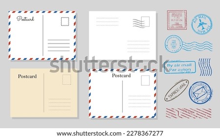 Blank travel postcard set. Collection of graphic elements for website. Envelopes and stamps. Sending letter via mail, communication. Cartoon flat vector illustrations isolated on grey background