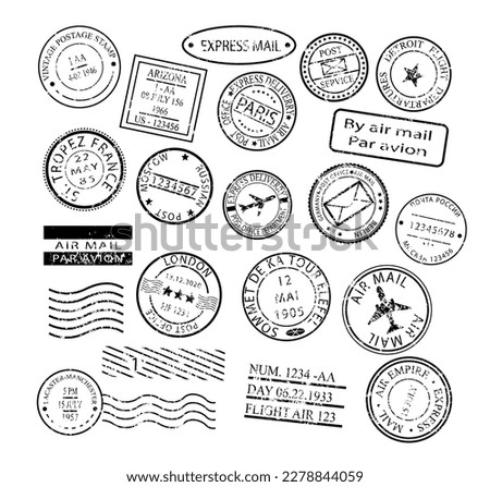 Post black and white set. Collection of graphic elements for website. Passport stamps and stamps for messages and envelopes, mail. Cartoon flat vector illustrations isolated on white background