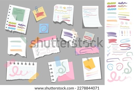 Paper with felt tip pens set. Collection of pieces of sheets with lines of colorful pencils. To do list and planning. Memo and notebook. Cartoon flat vector illustrations isolated on grey background