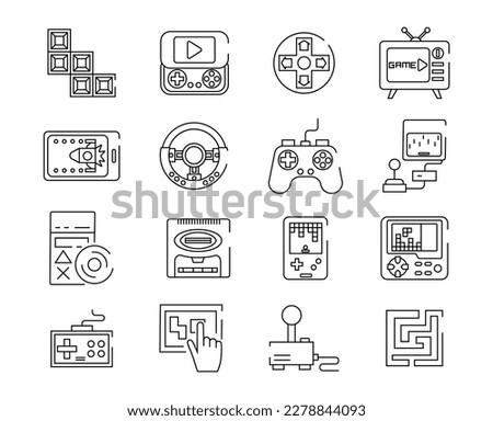Retro game icons set. Collection of graphic elements for website. Joystick, TV set top box, steering wheel with buttons, gamepad. Cartoon flat vector illustrations isolated on white background