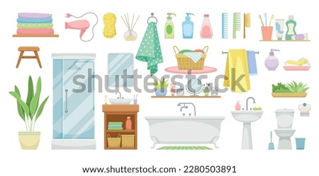 Set of bathroom elements. Towels, sponge and soap. Washbasin, toilet, shower stall and wardrobe. Apartment interior furniture and decor. Cartoon flat vector illustrations isolated on white background