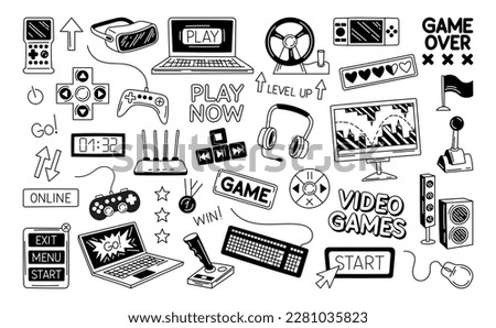 Video games black stickers set. Collection of joysticks and controllers. Computer, laptop and router. Headphones and mouse, monitor. Cartoon flat vector illustrations isolated on white background