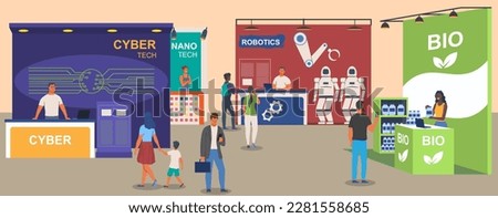 People at business exhibition. Trade show for startupers. Cyber and nano tech work. Ecological and biological products. Creative solution presentation and event. Cartoon flat vector illustration