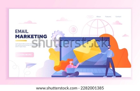 Email marketing concept. Man and woman stand with envelope next to laptop. Communication on Internet and business correspondence. Online mailing services. Cartoon flat vector illustration