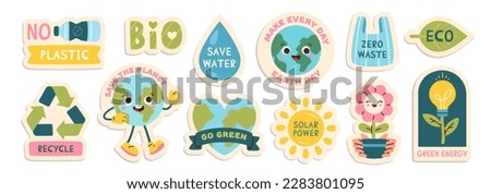 Eco stickers set. Caring for nature and environment. Recycle, save water and planet, stop plastic. Green energy and solar power. Cartoon flat vector illustrations isolated on white background