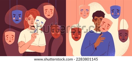 People with emotion masks. Sad man and woman pretend to be cheerful, hiding real feelings. Mental health and psychological problems. Social norms and pressure. Cartoon flat vector illustration