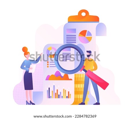 Man and woman with graph. Young guy with magnifying glass looks at documents. Teamwork, partnership and collaboration. Budget and accounting. Cartoon flat vector illustration
