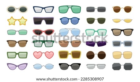 Set of different sunglasses icons. Retro glasses to protect eyes from sun in summer season. Hipster eyewear or lenses of different shapes. Cartoon flat vector collection isolated on white background