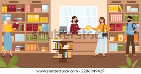 Buying books in shop. Students in library. Buyers inside bookstore near cash. Love for reading and literature. Education and self development