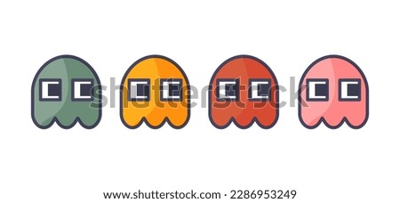 Retro pac man ghosts set. Collection of fictional characters from games. Red, yellow, pink and green monsters. Social media sticker. Cartoon flat vector illustrations isolated on white background