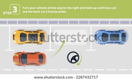 Parallel parking step 3. Turn your wheel all way to right and back up until you see back vehicles license plate. Educational infographic with rules of road. Cartoon flat vector illustration