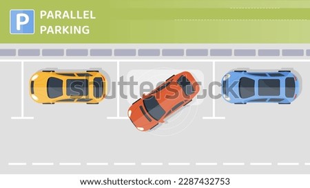 Parallel parking top view. Multicolored cars near work, home or shopping center. Marked parking spaces. Rules of road, educational infographic. Cartoon flat vector illustration
