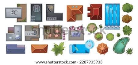 Top view set of landscape and architectural elements. Objects for cityscape and garden. City map or plan. Building roofs, plants and pools. Cartoon flat vector collection isolated on white background