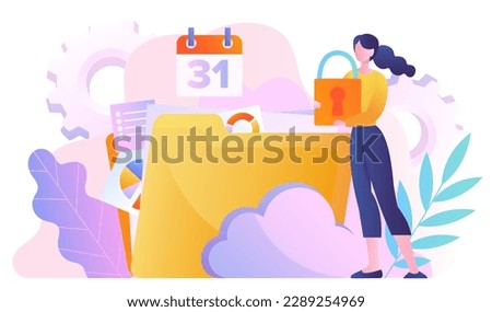 Protected folder concept. Cloud service and electronic archive and storage. Security of personal data on Internet. Woman with padlock near file folder. Cartoon flat vector illustration