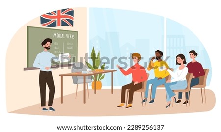 Lesson for adult students. Man in classroom at blackboard explains lesson to audience at university. International language and English. Education and training. Cartoon flat vector illustration