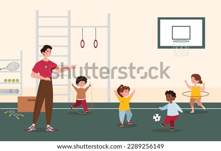 Children in gym concept. Physical education teacher gives instructions to teens and schoolchildren. Schoolboy jumping rope, boy kicking soccer ball, girl with hoop. Cartoon flat vector illustration