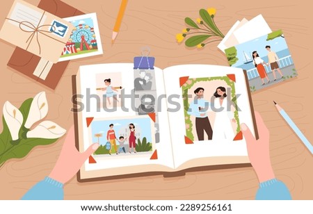 Family album concept. Character opens book with photos of parents and children, memories. Wedding, summer vacation on pier and in amusement park. Memorable book. Cartoon flat vector illustration