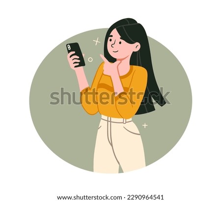 Woman watches videos at phone. Young girl with smartphone in her hands communicates with friends on video call or watches interesting content on social networks. Cartoon flat vector illustration