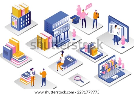 University campus set. Students among bookshelves. Education, learning and training. Men and women near big books and tablets. Cartoon isometric vector illustrations isolated on white background