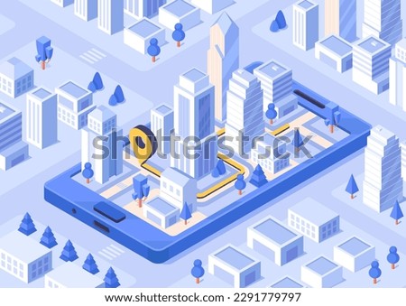 Map in mobile application. Tracking goods or taxi, home delivery. Navigation and location. GPS software for smartphone. Template, layout and mock up. Cartoon isometric vector illustration