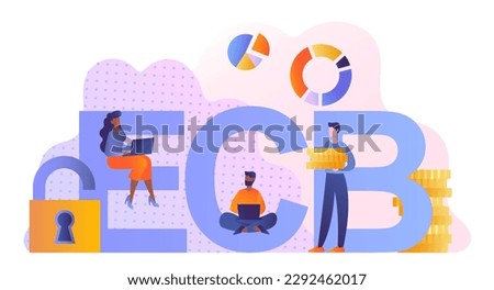 European Central Bank. Men and woman with laptop next to large letters ECB. Savings and investing, banking, transfers and transactions, financial institution. Cartoon flat vector illustration