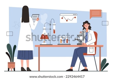 Researchers in lab. Women in medical gowns with microscope analyze test tubes and chemicals. Doctors and scientists develop drugs.
