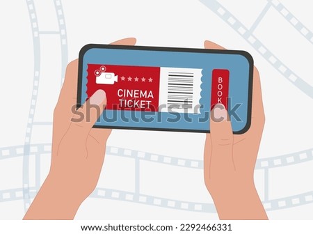 Movie tickets in phone. Coupon for cinema visits, recreation and entertainment. Electronic commerce and online document. Order in mobile application. Cartoon flat vector illustration