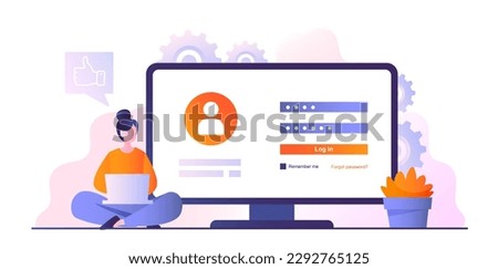Person login concept. Woman with laptop sits and enters password, logs in to website. Internet data security and user verification, protection. Account or profile. Cartoon flat vector illustration