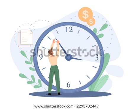 Turn back time concept. Man with clock moves arrow back. Summer and winter time. Businessman wants to use every minute. Financial literacy and income, earnings. Cartoon flat vector illustration