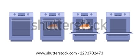 Baking in oven set. Collection of turkey or chicken cooking stages. Preparation at kitchen. Electronic machine for homemade dishes. Cartoon flat vector illustrations isolated on white background