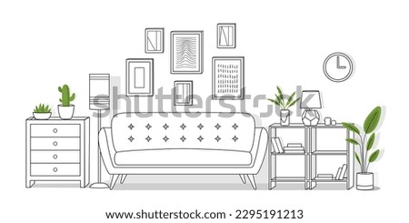 Living room line. Modern interior and furniture. Plants on bedside table next to sofa. Minimalistic creativity and art. Pictures and clocks on wall. Cartoon flat vector illustration