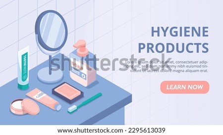 Hygiene products set. Liquid soaps, creams and sprays next to mirror. Personal care and skin care, cleanliness. Accessorizes for Bath. Landing page for website. Cartoon isometric vector illustration