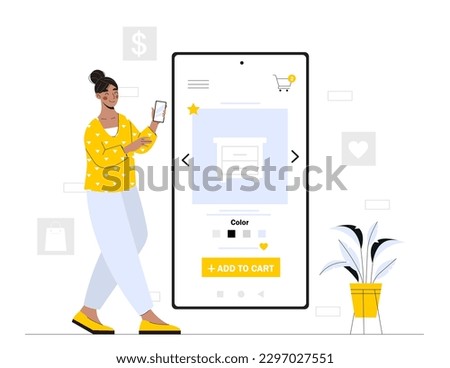 Add furniture to cart. Online shopping and home delivery. Young girl with smartphone chooses table. Buying goods for living room. Digital remote purchases on internet. Cartoon flat vector illustration