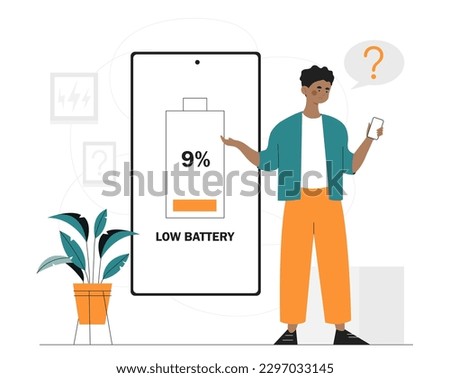 Low battery concept. Man stands in apartment with smartphone. Device and gadget have little energy and power, need charging. Big battery symbol. Cartoon flat vector illustration