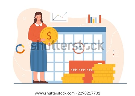 Payment calendar concept. Woman stands with gold coins on background of calendar. Financial literacy and planning of budget and payments. Cartoon flat vector illustration