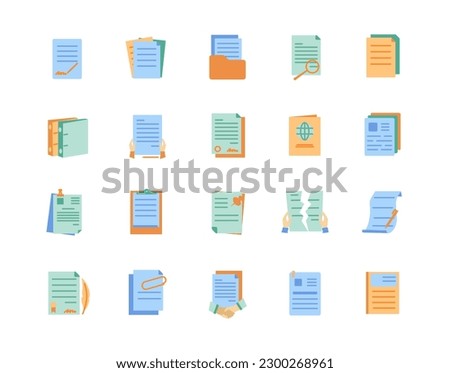Documents colored icons set. Collection of graphic elements for website. Agreement and certificate, paperwork, files and folders. Cartoon flat vector illustrations isolated on white background