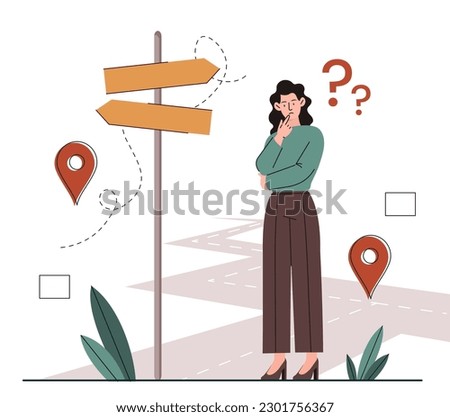 Woman on way. Young girl stands on road near signboard. Metaphor for making decision and choosing life path. Navigation and direction at crossroad. Cartoon flat vector illustration