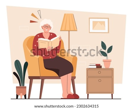 Grandmother reading book. Elderly woman sits on armchair with fiction. Character spending time at home. Useful hobby and leisure. Clever pensioner indoor. Cartoon flat vector illustration