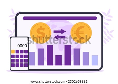 Currency exchange concept. Calculator next to dollar and euro at background of graphs and charts. Trading and investing in currency, coins, stock market. Cartoon flat vector illustration