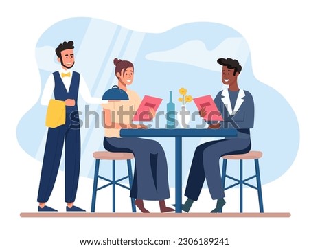 Restaurant business concept. Man and woman sit with menu at tables and wait for waiter with tray. Happy couple at romantic meeting in luxury restaurant. Cartoon flat vector illustration