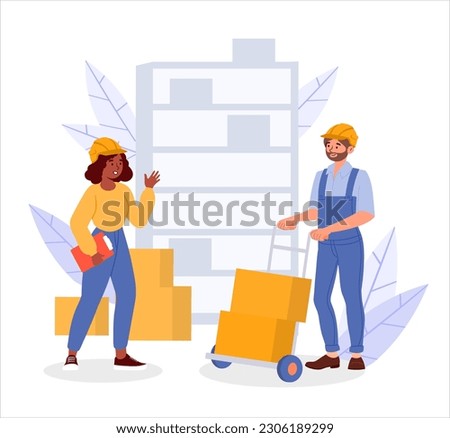 Warehouse workers concept. Man and woman with boxes near closet. Logistics and transportation of goods and parcels. Online shopping and home delivery. Cartoon flat vector illustration