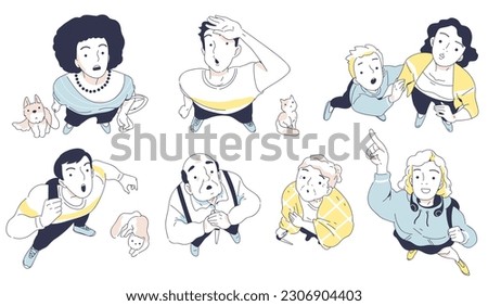 People looking up overheads. Surprised men and women look down into sky from above view. Shocked characters pointing finger and standing. Cartoon flat vector collection isolated on white background