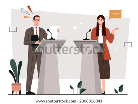 Political debates concept. Man and woman stand behind microphone stands. Pre election campaign of presidential candidates. Democracy and freedom of speech. Cartoon flat vector illustration