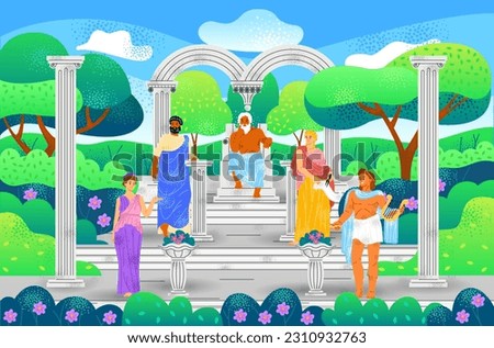 Greek gods on Olympus poster. Mythological characters in form of ancient deities or philosopher. Zeus, Hera, Apollo and Ares stand on podium with landscape background. Cartoon flat vector illustration
